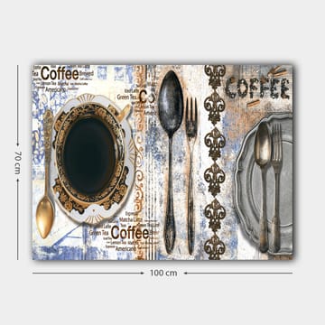 Lerretsbilde 70x100 cm - Stilisert kaffekopp med bestikk og tekst som fremhever de forskjellige kaffesortene - Svart / Gull / Grå - Interiør - Maleri & posters - Lerretsbilder