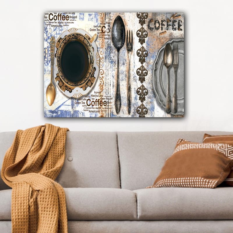 Lerretsbilde 70x100 cm - Stilisert kaffekopp med bestikk og tekst som fremhever de forskjellige kaffesortene - Svart / Gull / Grå - Interiør - Maleri & posters - Lerretsbilder