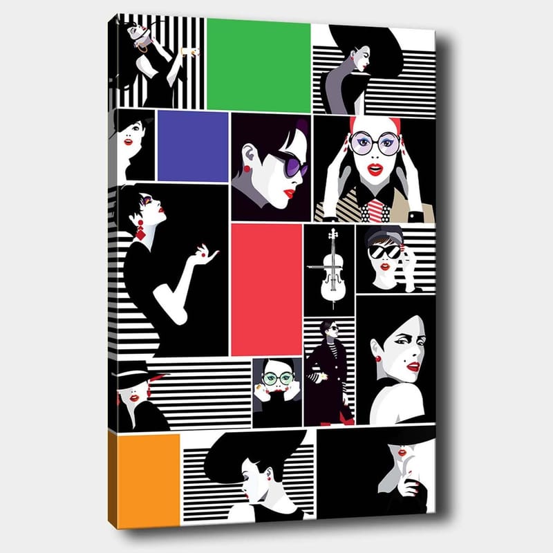 Lerretsbilde 70x100 cm - Stilisert kollasj av moteikoner med sterke uttrykk og diverse tilbehør - Svart / Rød / Grønn - Interiør - Maleri & posters - Lerretsbilder