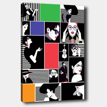 Lerretsbilde 70x100 cm - Stilisert kollasj av moteikoner med sterke uttrykk og diverse tilbehør - Svart / Rød / Grønn - Interiør - Maleri & posters - Lerretsbilder