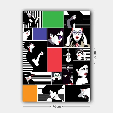 Lerretsbilde 70x100 cm - Stilisert kollasj av moteikoner med sterke uttrykk og diverse tilbehør - Svart / Rød / Grønn - Interiør - Maleri & posters - Lerretsbilder
