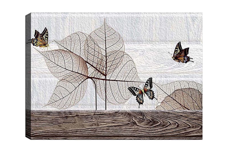 Lerretsbilde 70x100 cm - Stilisert komposisjon av sommerfugler som svever over gjennomskinnelige blader på en treflate, Beige / Brun / Svart