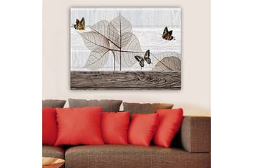 Lerretsbilde 70x100 cm - Stilisert komposisjon av sommerfugler som svever over gjennomskinnelige blader på en treflate - Beige / Brun / Svart - Interiør - Maleri & posters - Lerretsbilder