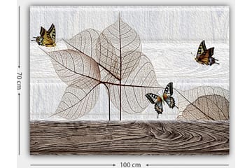 Lerretsbilde 70x100 cm - Stilisert komposisjon av sommerfugler som svever over gjennomskinnelige blader på en treflate - Beige / Brun / Svart - Interiør - Maleri & posters - Lerretsbilder