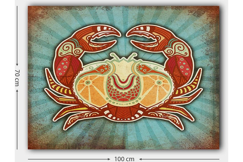 Lerretsbilde 70x100 cm - Stilisert krabbe med fargerike detaljer - Rød / Oransje / Turkis - Interiør - Maleri & posters - Lerretsbilder