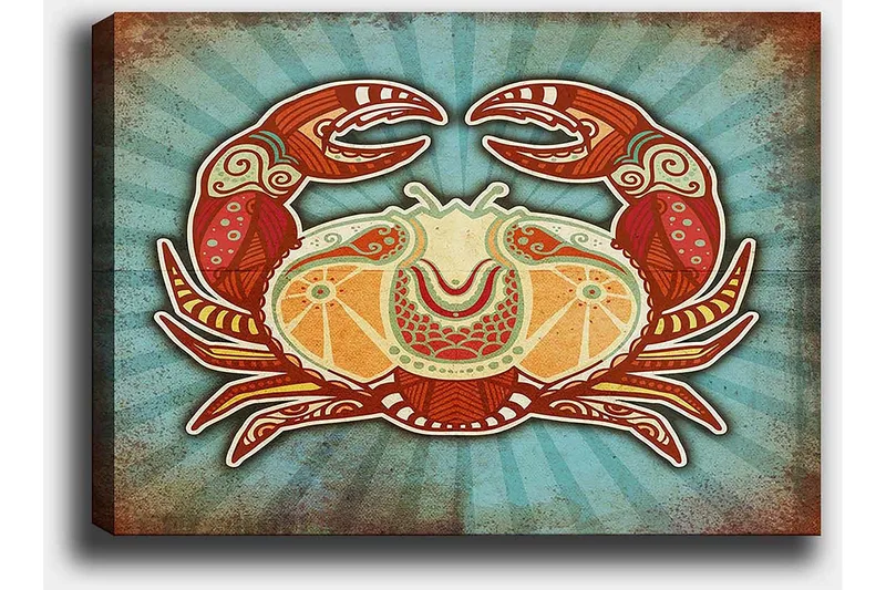 Lerretsbilde 70x100 cm - Stilisert krabbe med fargerike detaljer - Rød / Oransje / Turkis - Interiør - Maleri & posters - Lerretsbilder