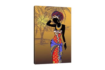 Lerretsbilde 70x100 cm - Stilisert kvinne i fargerike klær poserer med hånden i ansiktet - Rød / Blå / Svart - Interiør - Maleri & posters - Lerretsbilder