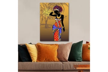 Lerretsbilde 70x100 cm - Stilisert kvinne i fargerike klær poserer med hånden i ansiktet - Rød / Blå / Svart - Interiør - Maleri & posters - Lerretsbilder