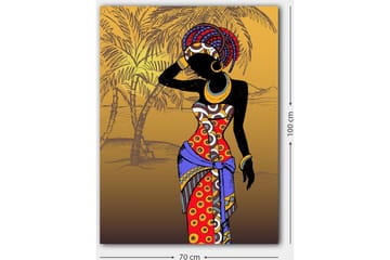 Lerretsbilde 70x100 cm - Stilisert kvinne i fargerike klær poserer med hånden i ansiktet - Rød / Blå / Svart - Interiør - Maleri & posters - Lerretsbilder