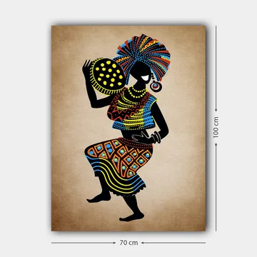 Lerretsbilde 70x100 cm - Stilisert kvinne i tradisjonell kjole med stort hodeplagg og en bolle med prikker - Svart / Blå / Oransje - Interiør - Maleri & posters - Lerretsbilder