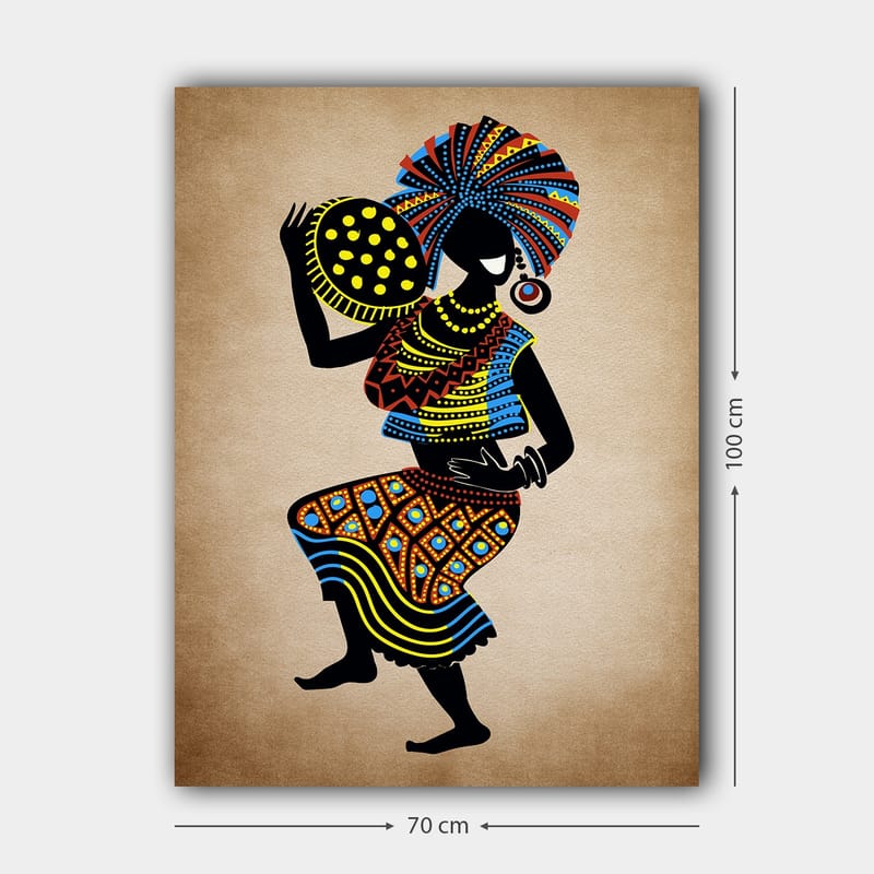 Lerretsbilde 70x100 cm - Stilisert kvinne i tradisjonell kjole med stort hodeplagg og en bolle med prikker - Svart / Blå / Oransje - Interiør - Maleri & posters - Lerretsbilder