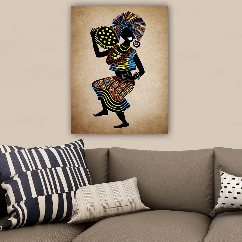 Lerretsbilde 70x100 cm - Stilisert kvinne i tradisjonell kjole med stort hodeplagg og en bolle med prikker, Svart / Blå / Oransje