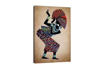 Lerretsbilde 70x100 cm - Stilisert kvinne i tradisjonelle klær som danser med en stor hatt - Rød / Blå / Svart - Interiør - Maleri & posters - Lerretsbilder