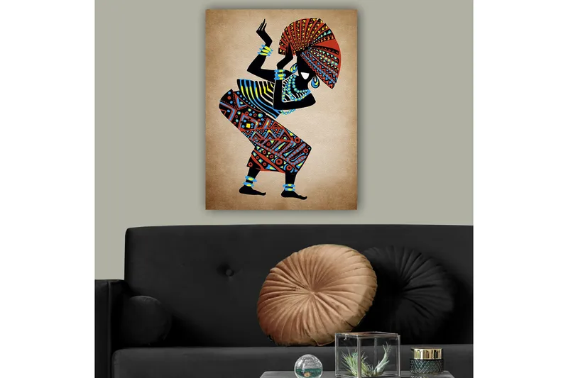 Lerretsbilde 70x100 cm - Stilisert kvinne i tradisjonelle klær som danser med en stor hatt - Rød / Blå / Svart - Interiør - Maleri & posters - Lerretsbilder