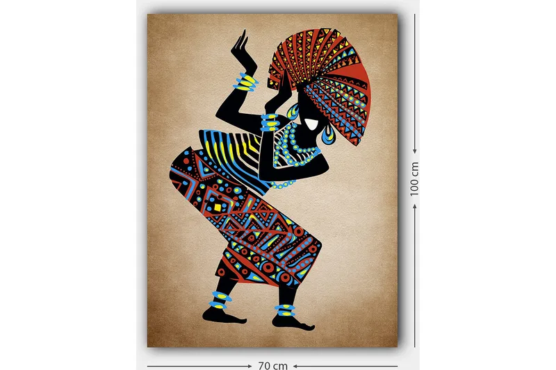 Lerretsbilde 70x100 cm - Stilisert kvinne i tradisjonelle klær som danser med en stor hatt - Rød / Blå / Svart - Interiør - Maleri & posters - Lerretsbilder