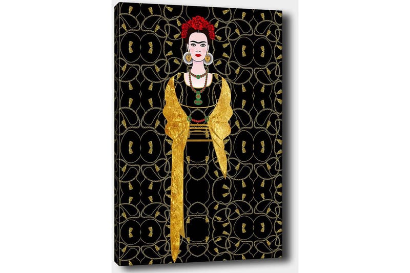 Lerretsbilde 70x100 cm - Stilisert kvinne kledd i svart og gull med rød blomst i håret - Svart / Gull / Rød - Interiør - Maleri & posters - Lerretsbilder