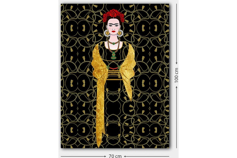 Lerretsbilde 70x100 cm - Stilisert kvinne kledd i svart og gull med rød blomst i håret - Svart / Gull / Rød - Interiør - Maleri & posters - Lerretsbilder