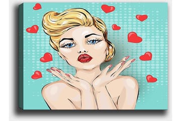Lerretsbilde 70x100 cm - Stilisert kvinne med blondt hår og røde lepper som gir et kyss med hjerter rundt seg - Lys blå / Rød / Beige - Interiør - Maleri & posters - Lerretsbilder