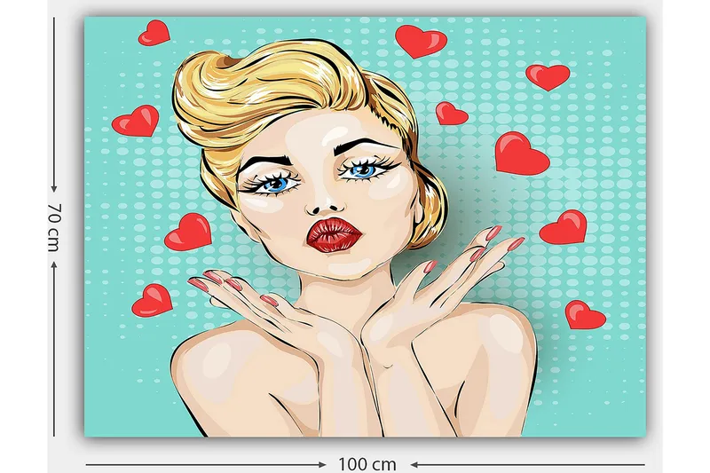 Lerretsbilde 70x100 cm - Stilisert kvinne med blondt hår og røde lepper som gir et kyss med hjerter rundt seg - Lys blå / Rød / Beige - Interiør - Maleri & posters - Lerretsbilder