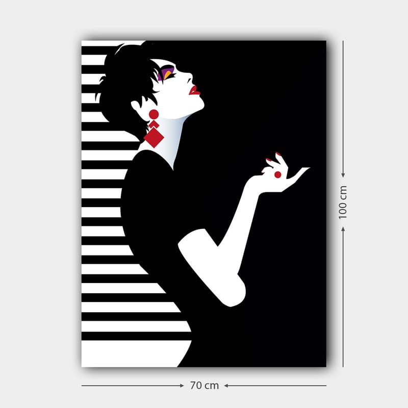 Lerretsbilde 70x100 cm - Stilisert kvinne med elegant holdning og dramatiske smykker - Svart / Hvit / Rød - Interiør - Maleri & posters - Lerretsbilder