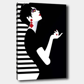 Lerretsbilde 70x100 cm - Stilisert kvinne med elegant holdning og dramatiske smykker - Svart / Hvit / Rød - Interiør - Maleri & posters - Lerretsbilder