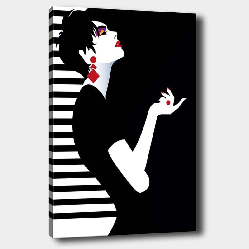 Lerretsbilde 70x100 cm - Stilisert kvinne med elegant holdning og dramatiske smykker, Svart / Hvit / Rød