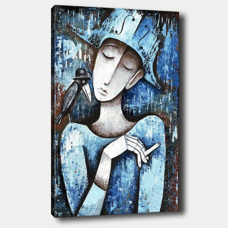 Lerretsbilde 70x100 cm - Stilisert kvinne med en svart fugl på skulderen, kledd i blått og hvitt, Blå / Hvit / Svart