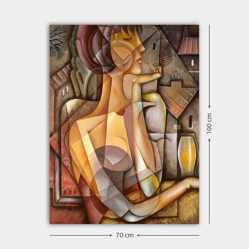 Lerretsbilde 70x100 cm - Stilisert kvinne med et mykt og harmonisk utseende i en abstrakt komposisjon - Beige / Brun / Terrakotta - Interiør - Maleri & posters - Lerretsbilder