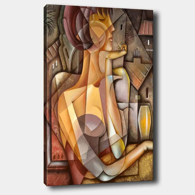 Lerretsbilde 70x100 cm - Stilisert kvinne med et mykt og harmonisk utseende i en abstrakt komposisjon, Beige / Brun / Terrakotta