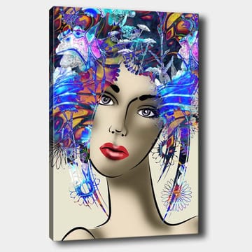 Lerretsbilde 70x100 cm - Stilisert kvinne med fargerik blomsterkrans i håret - Blå / Rød / Lilla - Interiør - Maleri & posters - Lerretsbilder