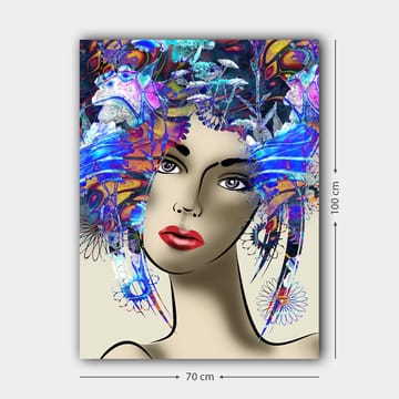 Lerretsbilde 70x100 cm - Stilisert kvinne med fargerik blomsterkrans i håret - Blå / Rød / Lilla - Interiør - Maleri & posters - Lerretsbilder
