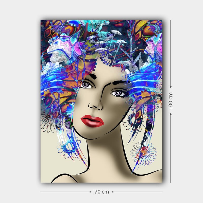 Lerretsbilde 70x100 cm - Stilisert kvinne med fargerik blomsterkrans i håret - Blå / Rød / Lilla - Interiør - Maleri & posters - Lerretsbilder
