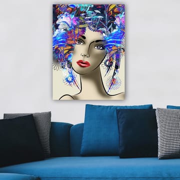 Lerretsbilde 70x100 cm - Stilisert kvinne med fargerik blomsterkrans i håret - Blå / Rød / Lilla - Interiør - Maleri & posters - Lerretsbilder