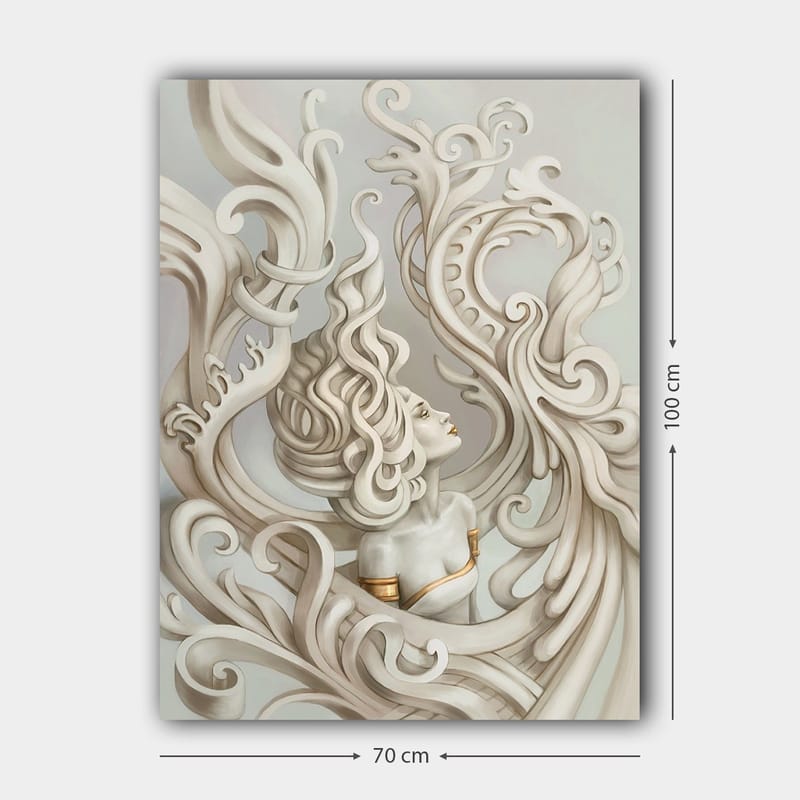 Lerretsbilde 70x100 cm - Stilisert kvinne med flagrende hår omgitt av dekorative kurver og former - Lys grå / Beige / Hvit - Interiør - Maleri & posters - Lerretsbilder