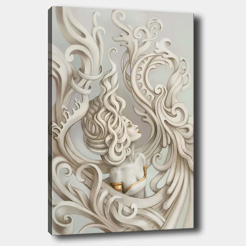 Lerretsbilde 70x100 cm - Stilisert kvinne med flagrende hår omgitt av dekorative kurver og former, Lys grå / Beige / Hvit