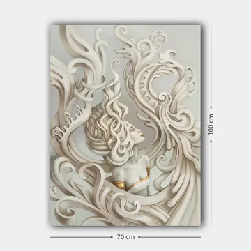 Lerretsbilde 70x100 cm - Stilisert kvinne med flagrende hår omgitt av dekorative kurver og former - Lys grå / Beige / Hvit - Interiør - Maleri & posters - Lerretsbilder