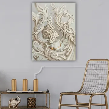 Lerretsbilde 70x100 cm - Stilisert kvinne med flagrende hår omgitt av dekorative kurver og former - Lys grå / Beige / Hvit - Interiør - Maleri & posters - Lerretsbilder