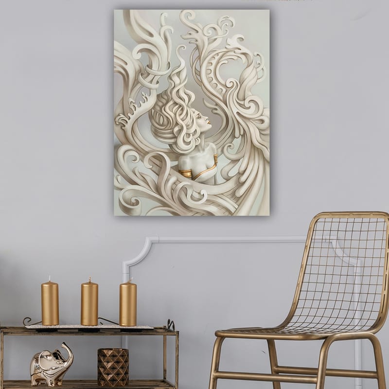 Lerretsbilde 70x100 cm - Stilisert kvinne med flagrende hår omgitt av dekorative kurver og former - Lys grå / Beige / Hvit - Interiør - Maleri & posters - Lerretsbilder