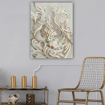 Lerretsbilde 70x100 cm - Stilisert kvinne med flagrende hår omgitt av dekorative kurver og former - Lys grå / Beige / Hvit - Interiør - Maleri & posters - Lerretsbilder