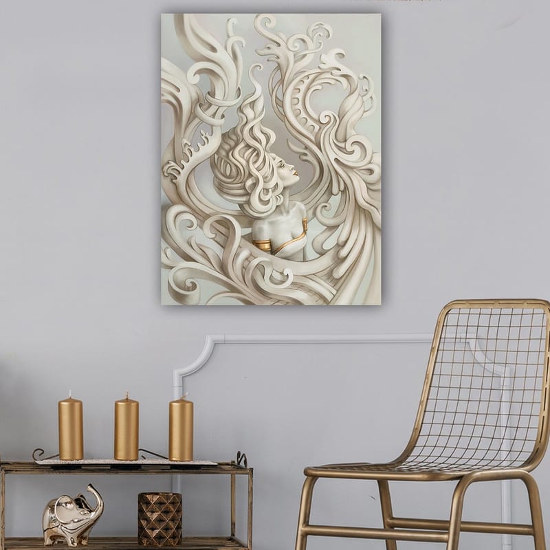 Lerretsbilde 70x100 cm - Stilisert kvinne med flagrende hår omgitt av dekorative kurver og former - Lys grå / Beige / Hvit - Interiør - Maleri & posters - Lerretsbilder