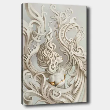 Lerretsbilde 70x100 cm - Stilisert kvinne med flagrende hår omgitt av dekorative kurver og former - Lys grå / Beige / Hvit - Interiør - Maleri & posters - Lerretsbilder