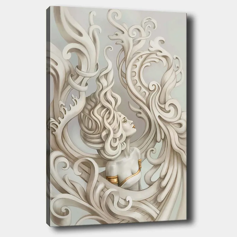 Lerretsbilde 70x100 cm - Stilisert kvinne med flagrende hår omgitt av dekorative kurver og former, Lys grå / Beige / Hvit