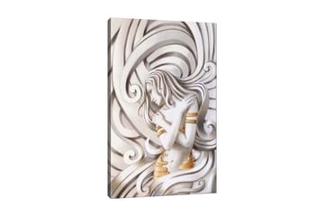 Lerretsbilde 70x100 cm - Stilisert kvinne med flagrende hår som omfavner seg selv i en abstrakt komposisjon - Hvit / Gull / Grå - Interiør - Maleri & posters - Lerretsbilder