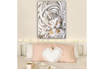 Lerretsbilde 70x100 cm - Stilisert kvinne med flagrende hår som omfavner seg selv i en abstrakt komposisjon - Hvit / Gull / Grå - Interiør - Maleri & posters - Lerretsbilder