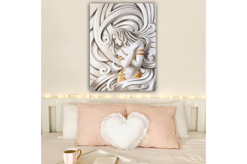 Lerretsbilde 70x100 cm - Stilisert kvinne med flagrende hår som omfavner seg selv i en abstrakt komposisjon - Hvit / Gull / Grå - Interiør - Maleri & posters - Lerretsbilder