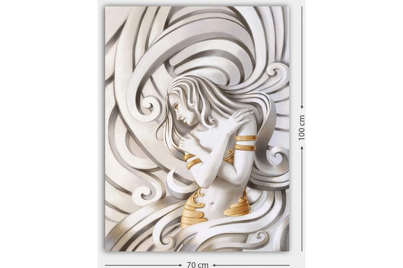 Lerretsbilde 70x100 cm - Stilisert kvinne med flagrende hår som omfavner seg selv i en abstrakt komposisjon - Hvit / Gull / Grå - Interiør - Maleri & posters - Lerretsbilder