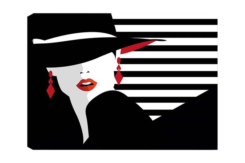 Lerretsbilde 70x100 cm - Stilisert kvinne med hatt og røde detaljer som fremhever ansiktet og smykkene hennes, Svart / Hvit / Rød