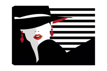 Lerretsbilde 70x100 cm - Stilisert kvinne med hatt og røde detaljer som fremhever ansiktet og smykkene hennes - Svart / Hvit / Rød - Interiør - Maleri & posters - Lerretsbilder