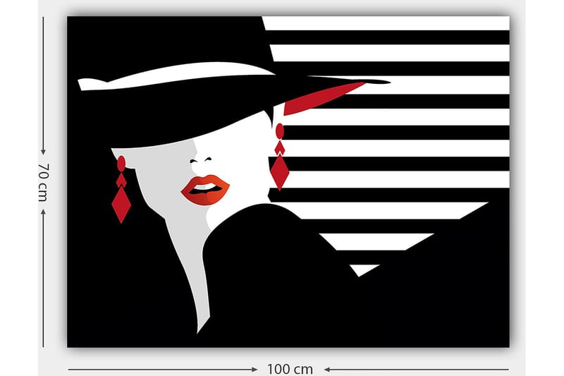Lerretsbilde 70x100 cm - Stilisert kvinne med hatt og røde detaljer som fremhever ansiktet og smykkene hennes - Svart / Hvit / Rød - Interiør - Maleri & posters - Lerretsbilder