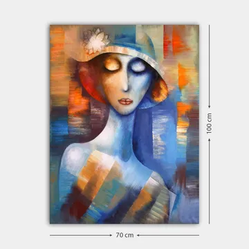 Lerretsbilde 70x100 cm - Stilisert kvinne med hatt som utstråler en drømmende og emosjonell atmosfære - Blå / Oransje / Hvit - Interiør - Maleri & posters - Lerretsbilder